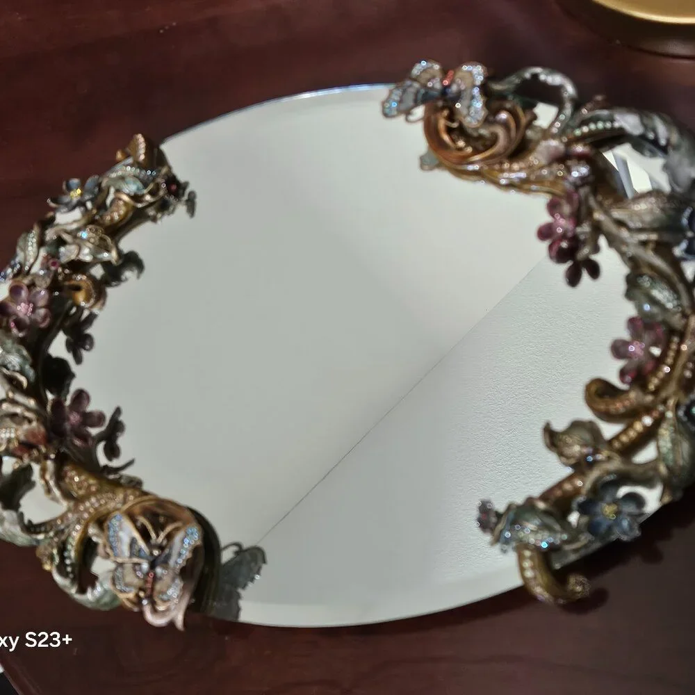 RARE JAY STRONGWATER FLORA & FAUNA CRYSTAL ENAMEL MIRROR VANITY BATH TRAY OBJET